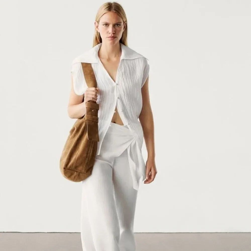 Massimo Dutti Womens Blouse Top Medium M White Linen Blend 5110/572 NWT